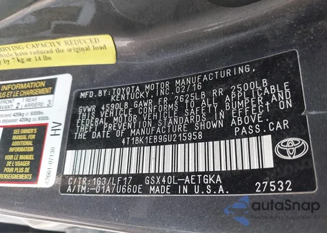 2016 Toyota Avalon Xle Plus z USA, uszkodzony, nr VIN 4T1BK1EB9GU215958